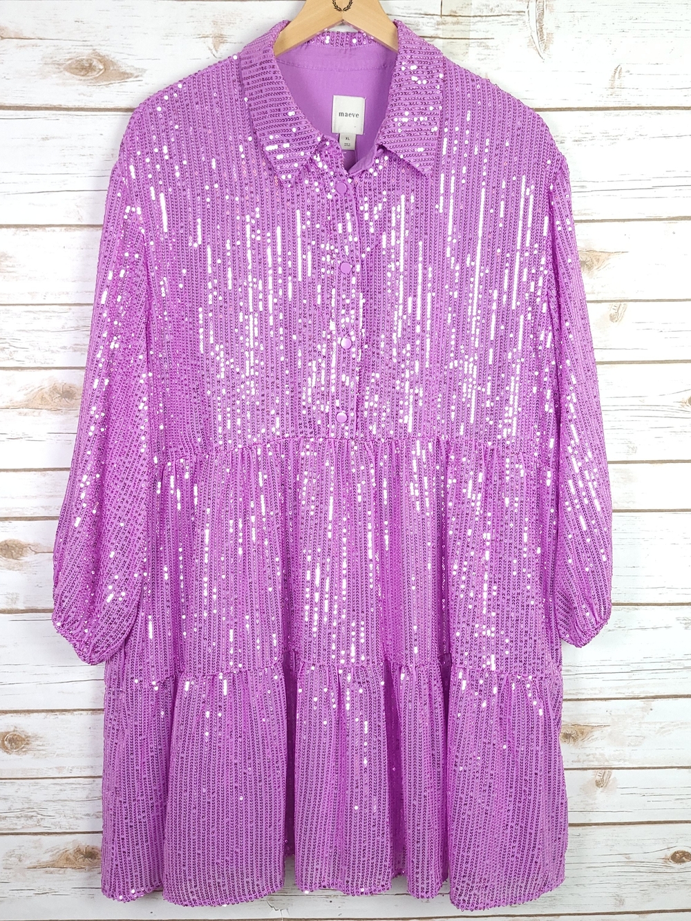 Maeve Bettina Sequined Purple Dress Xlarge Mini Shift Long Sleeve